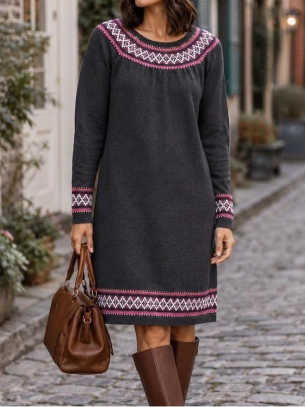 Hannah Andersson Women Fair Isle Cotton Sweater Dress Gray Pink M Nordic Cozy